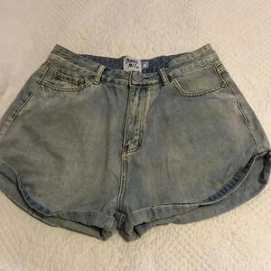 Princess Polly blue jean high rise shorts.  Rise is 12.5”. Size 8